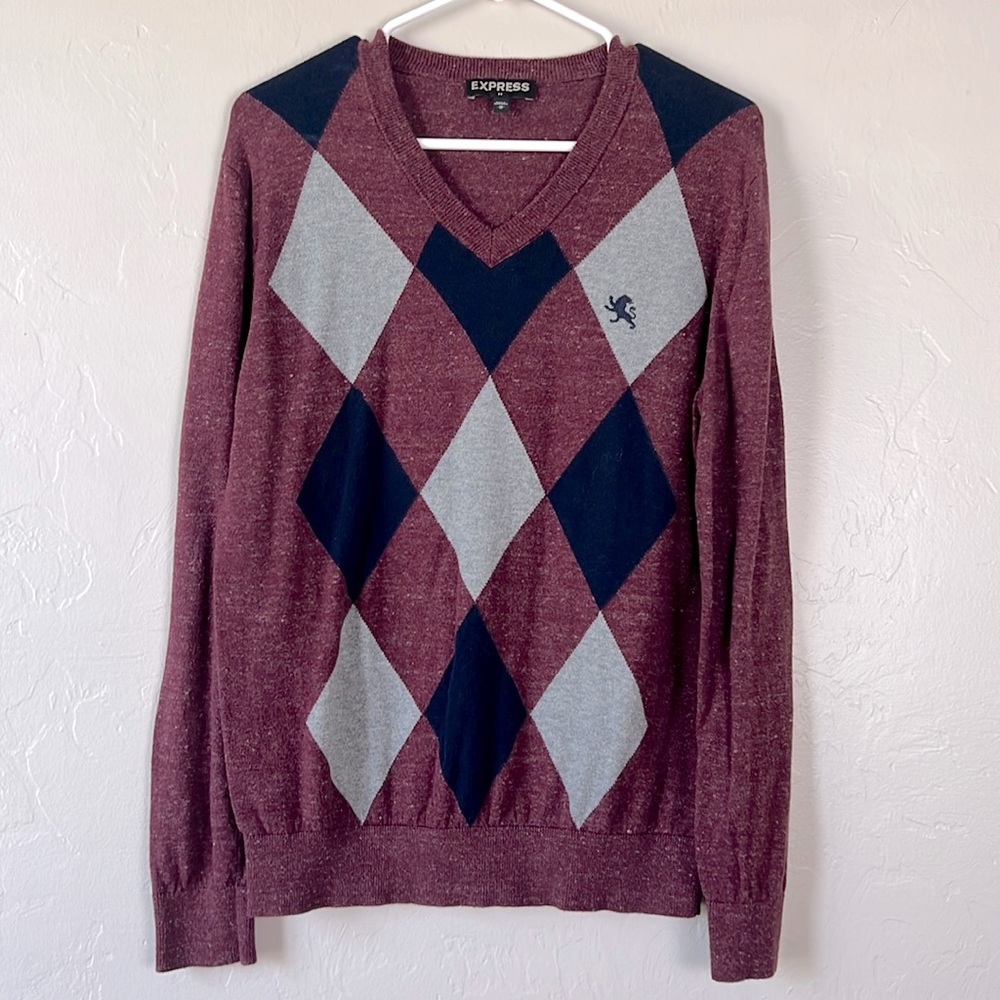 Express Argyle V-neck Sweater